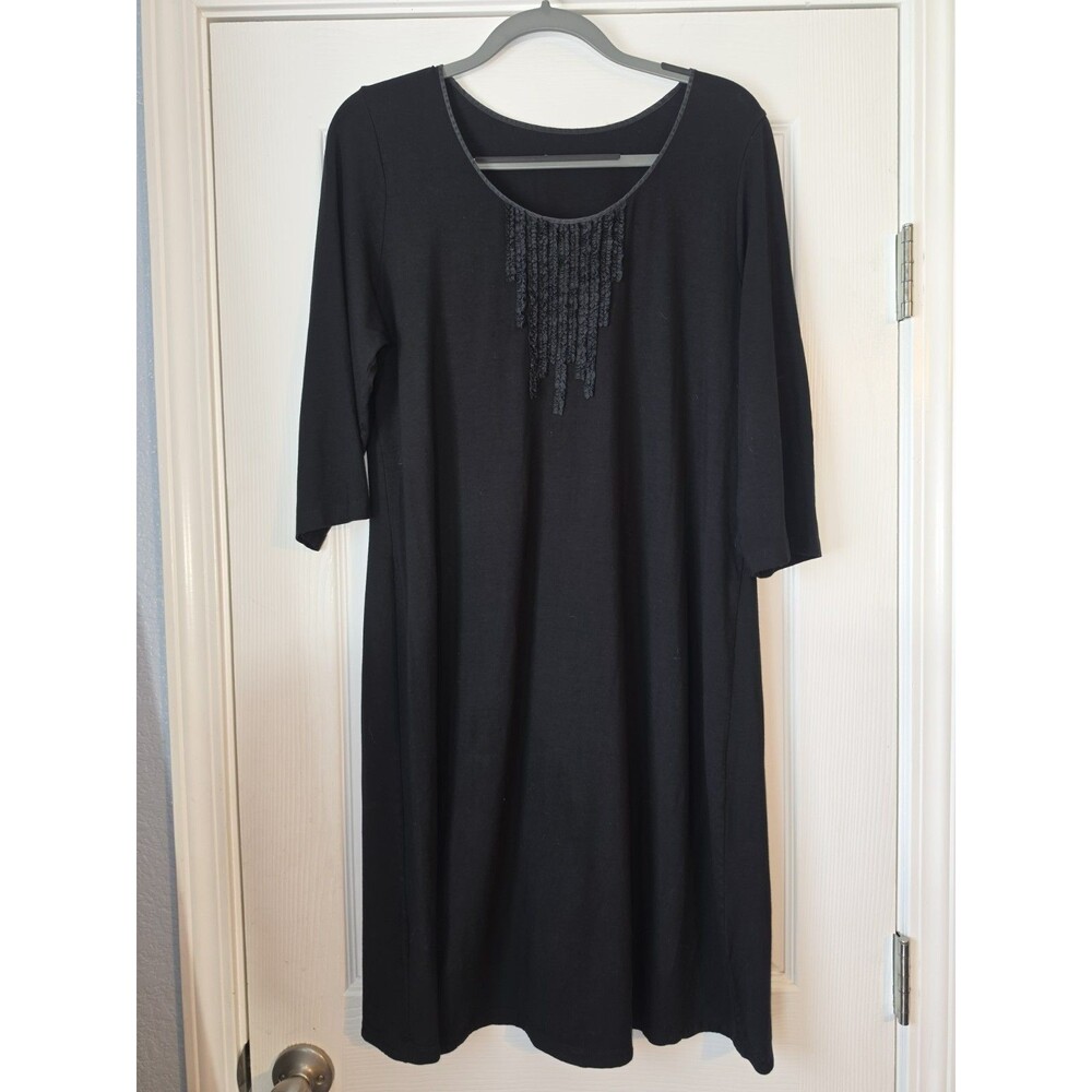 Eileen Fisher Size L Black Viscose Spandex Ruffle-Trimmed Dress